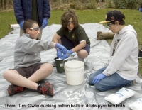 Scouts use forceps to dunk cotton-balls in pyrethrin solution